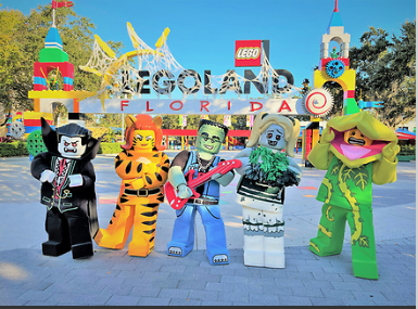LEGOLAND monster characters in front of LEGOLAND Florida entrance gate- our favorite places for Halloween